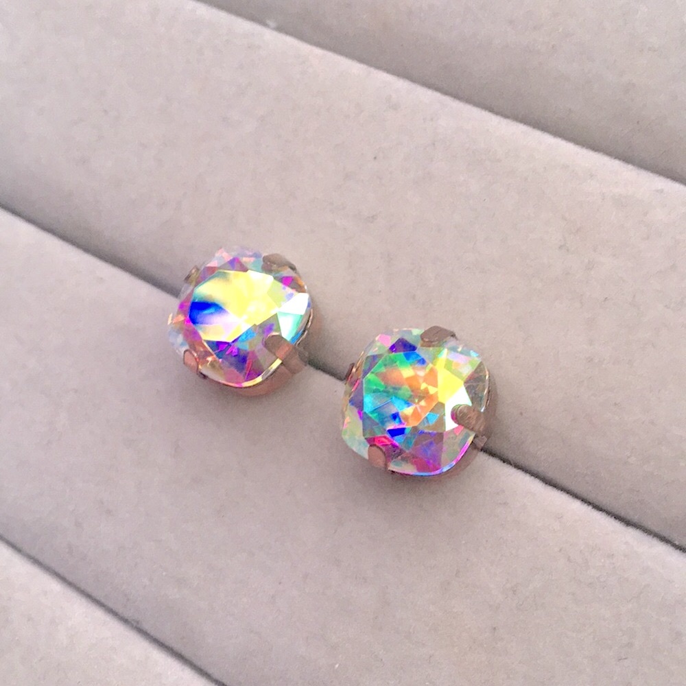 Aurora Borealis + Rose Gold Cushion Cut Crystal Earrings - Picture 6 of 6